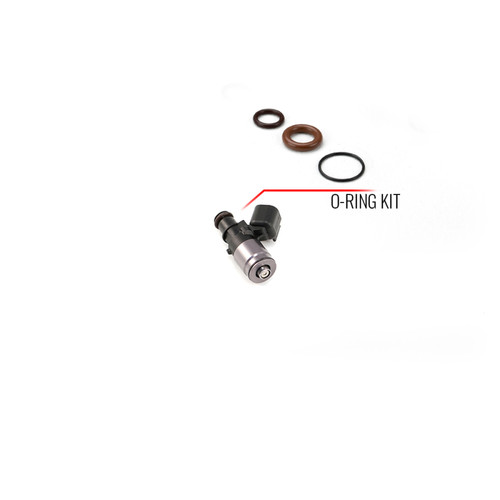 Injector Dynamics fuel injector with 11mm top and WRX bottom adapter, shown with three O-rings above it