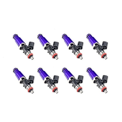 Set of 8 Injector Dynamics 1340cc fuel injectors, purple tops, black connectors, angled view