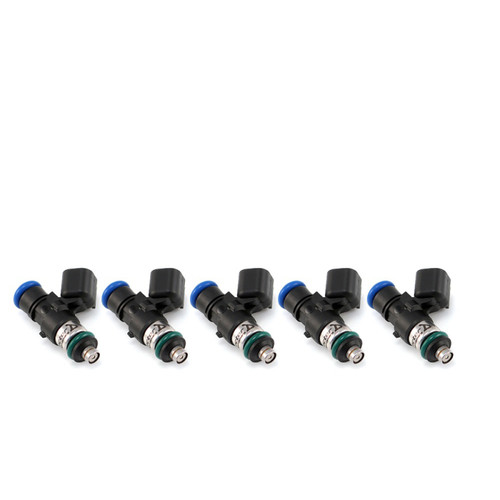 Set of five ID1300 fuel injectors with USCAR connectors, black bodies, blue and green O-rings visible
