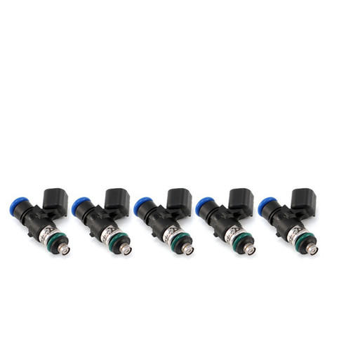 Set of five Injector Dynamics 2600cc fuel injectors, side view showing electrical connectors and O-rings.