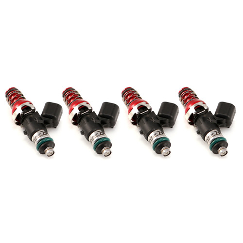 Set of four Injector Dynamics 1050-XDS fuel injectors with red 11mm adapter tops, angled view
