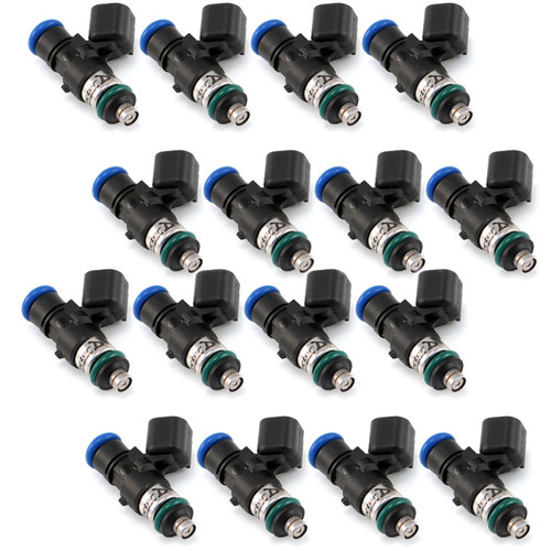 Injector Dynamics 1300-XDS fuel injectors, set of 16, top angle showing blue connectors and nozzles.