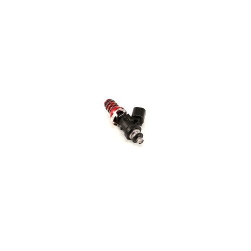 Injector Dynamics 1340cc fuel injector, angled view showing red top O-ring band and black electrical connector, S2000 lower config