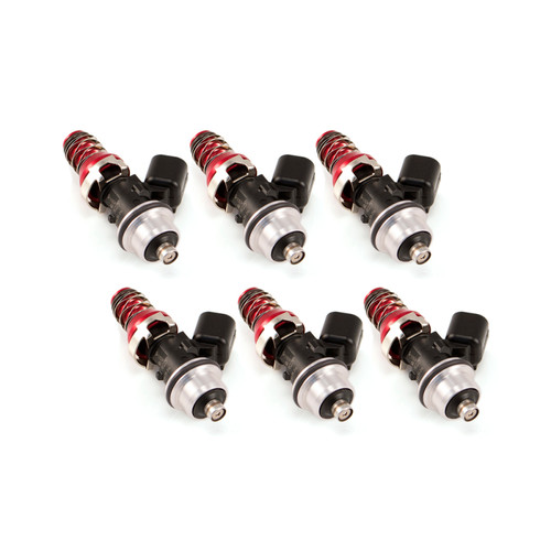 Set of six Injector Dynamics 1340cc fuel injectors, 48mm length, 11mm gold top, S2000 lower config, angled view