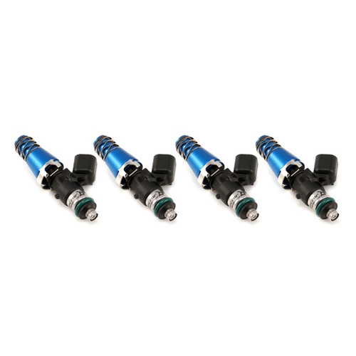 Set of 4 Injector Dynamics 1340cc fuel injectors, blue tops, black connectors, angled view