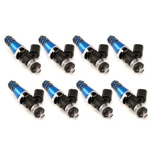 Set of eight Injector Dynamics 1340cc fuel injectors with blue tops, black bodies, angled connectors, front view.