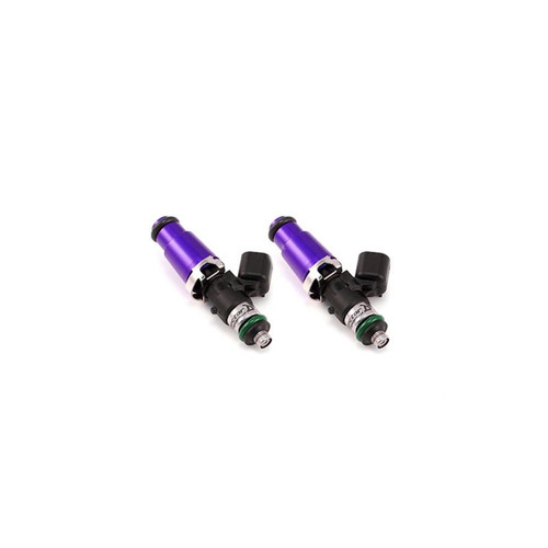 Injector Dynamics 1340cc fuel injectors, pair shown at angle with purple tops and black bodies.