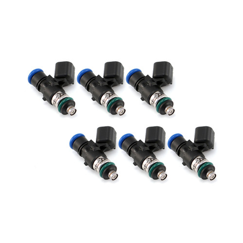 Set of six Injector Dynamics 1340cc fuel injectors, 34mm length, front angled view showing blue connectors and O-rings