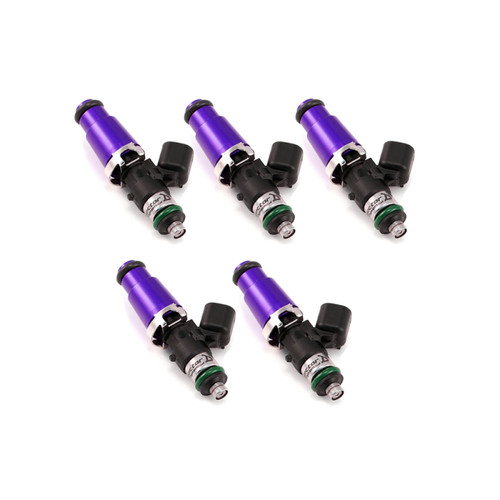 Set of five Injector Dynamics 1700cc fuel injectors, purple bodies with black connectors, top angle view.