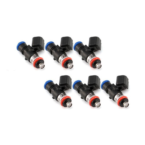 Injector Dynamics 1340cc fuel injectors, set of 6, angled view showing blue tops and red O-rings