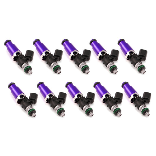 Injector Dynamics ID1050X fuel injectors, purple, set of 10 with 14mm adaptors, angled view showing electrical connectors and O-rings.