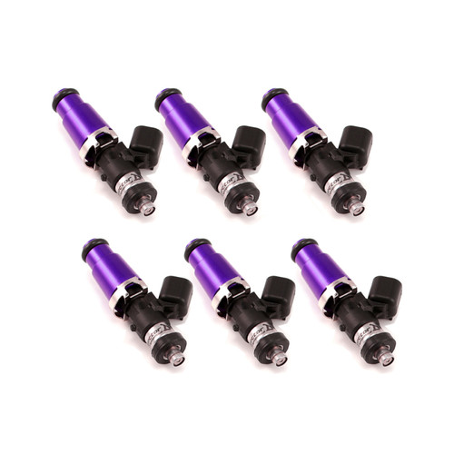 Set of six Injector Dynamics ID1050X fuel injectors, purple bodies, 14mm adaptor tops, Denso lower connectors, front view.