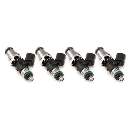 Injector Dynamics ID1050X fuel injectors, set of four, angled side view showing black connectors and green O-rings