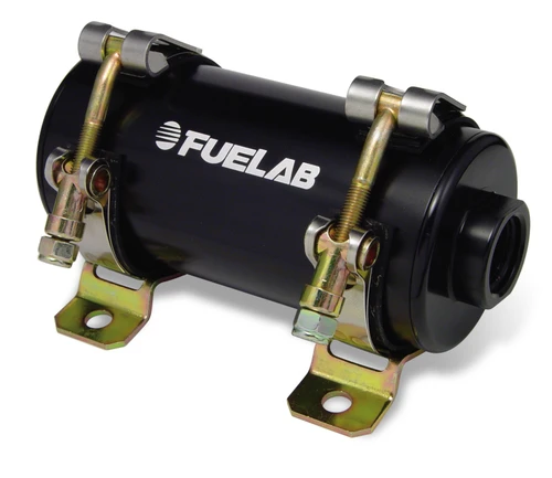 Fuelab Prodigy black EFI in-line fuel pump, angled view showing brass fittings and mounting brackets