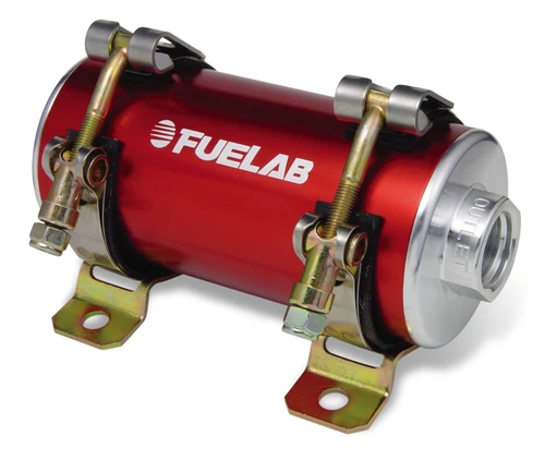 Fuelab Prodigy fuel pump, red anodized body, angled view showing inlet fitting, mounting brackets, hose clamps