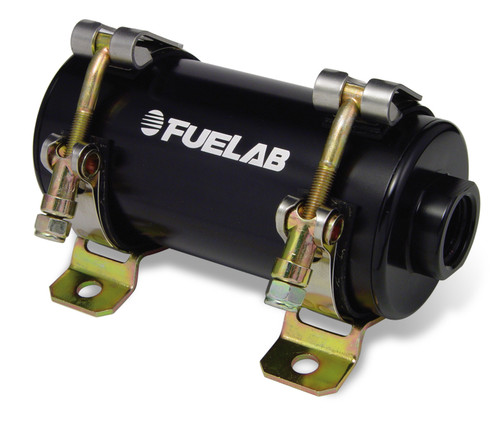Fuelab Prodigy black in-line fuel pump, side angle view showing mounting brackets and hose fittings