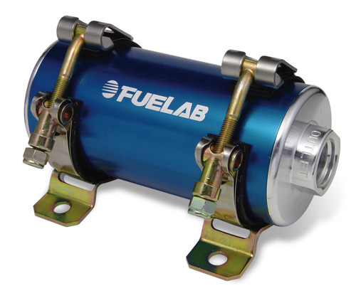 Fuelab Prodigy blue in-line fuel pump, angled view showing inlet/outlet fittings and mounting brackets.