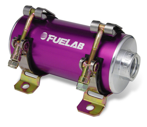 Fuelab Prodigy purple in-line fuel pump, angled view showing outlet port and mounting brackets
