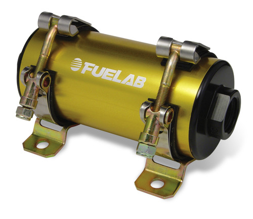 Fuelab Prodigy gold in-line fuel pump, angled view showing mounting brackets and inlet outlet fittings
