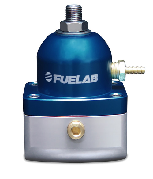 Fuelab 515 EFI adjustable fuel pressure regulator, blue anodized body with brass fitting and AN ports, front view