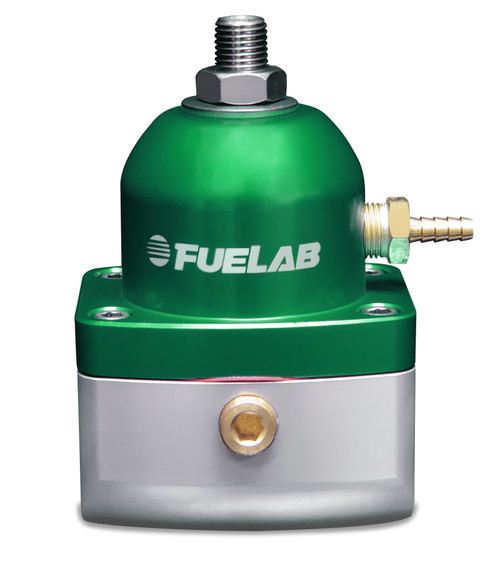 Fuelab 515 EFI adjustable fuel pressure regulator, green anodized body, front view showing brass fitting and hose barb port.