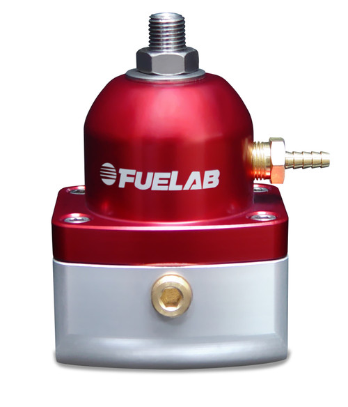 Fuelab 515 red fuel pressure regulator, front view with hose barb fitting and mounting base