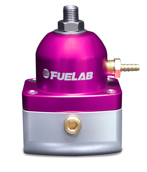 Fuelab 515 fuel pressure regulator, purple anodized body, front view with silver base, brass fitting and adjuster on top