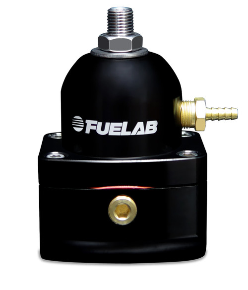 Fuelab 515 TBI adjustable FPR in black, front view showing brass fitting, adjuster top and inlet port
