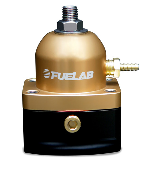 Fuelab 515 gold adjustable FPR, front view with adjuster screw, hose barb inlet and AN return port on black base.