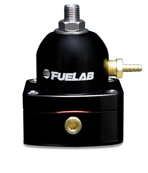 Fuelab 515 EFI adjustable FPR in black, front view showing brass hose fitting and mounting base