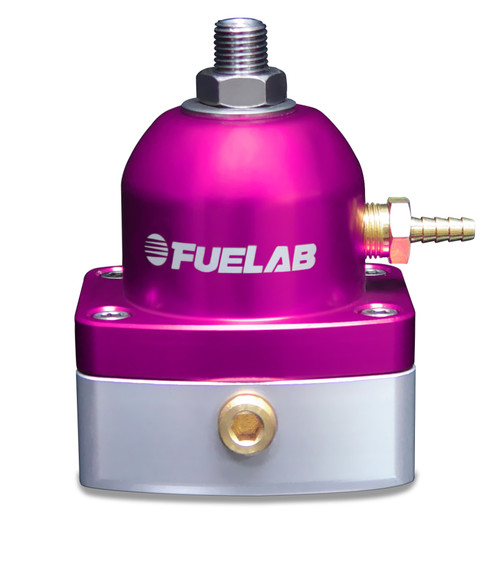Fuelab 525 TBI adjustable fuel pressure regulator, purple anodized body, brass AN fittings, front view