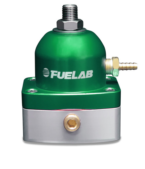 Fuelab 525 EFI adjustable fuel pressure regulator in green, front view showing AN inlet on top and hose barb port on side