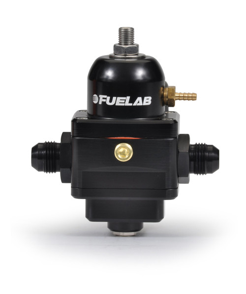 Fuelab 529 EFI adjustable FPR, front view, black body, dual -6AN fittings, brass vent barb on top
