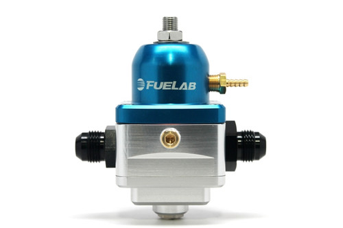 Fuelab 529 EFI adjustable FPR, blue and silver, front view with dual 8AN fittings and vacuum port.