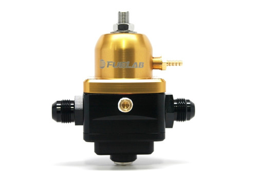 Fuelab 529 EFI adjustable FPR, gold top, black body, dual -8AN fittings, front view