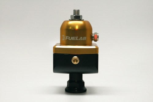 Fuelab 555 carb adjustable FPR in gold and black, front view showing top inlet fitting and side AN ports.