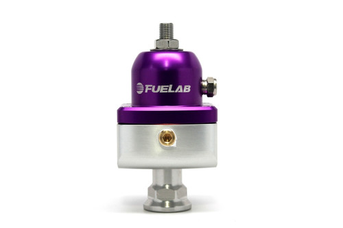 Fuelab 555 adjustable fuel pressure regulator in purple, front view showing AN fittings and adjuster knob