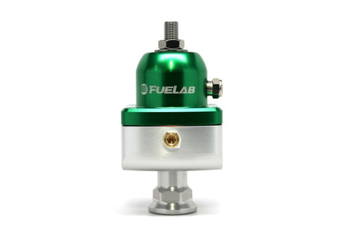Fuelab 555 adjustable fuel pressure regulator, green anodized body, front view showing AN ports and brass fitting