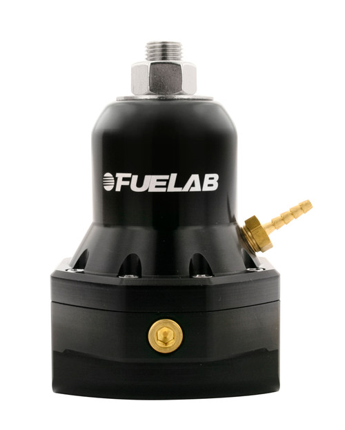 Fuelab 565 fuel pressure regulator, black anodized body, front view with adjuster nut and hose barb fitting visible
