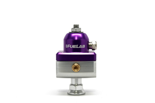 Fuelab 575 mini fuel pressure regulator, purple, front view with AN ports and adjuster knob visible