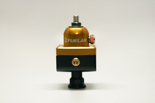 Fuelab 575 Carb adjustable mini FPR in gold and black, front view showing inlet fitting and adjuster knob