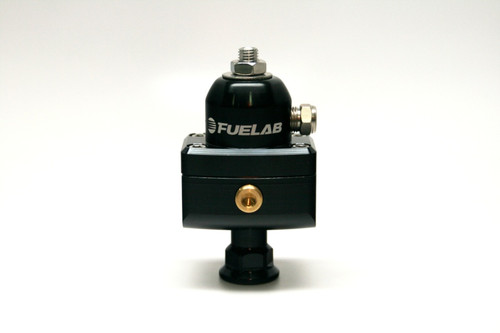 Fuelab 575 Carb Mini FPR in black, front view showing AN fittings and brass adjuster knob