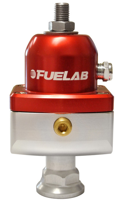 Fuelab 575 mini fuel pressure regulator, red and silver body, front view with fittings and adjuster