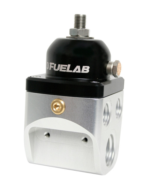 Fuelab 585 carb adjustable fuel pressure regulator, silver billet body with black adjuster dome, angled view showing multiple AN ports