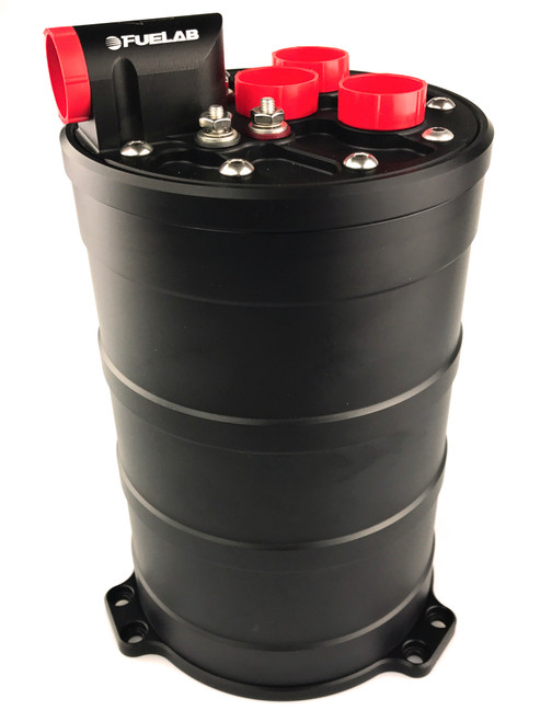 Fuelab single 340 LPH E85 fuel surge tank, top angle showing red inlet fittings and mounting base