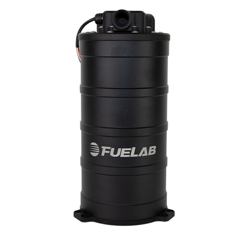 Fuelab 290mm surge tank, front angle, black cylinder body, top pump with fitting, base mounting flange