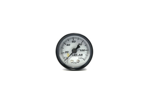 Fuelab 1.5in fuel pressure gauge, front view, white face with black bezel, 0 to 120 PSI markings