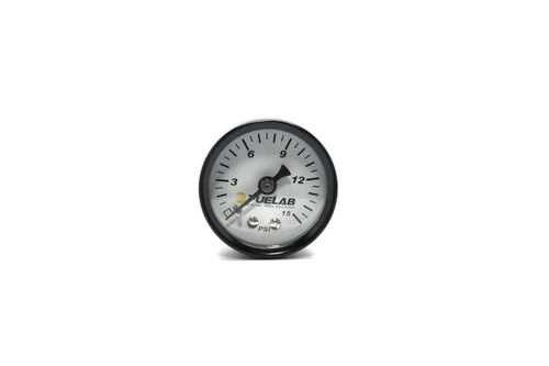 Fuelab 1.5in carb fuel pressure gauge, white face, black rim, 0-15 PSI, front view.