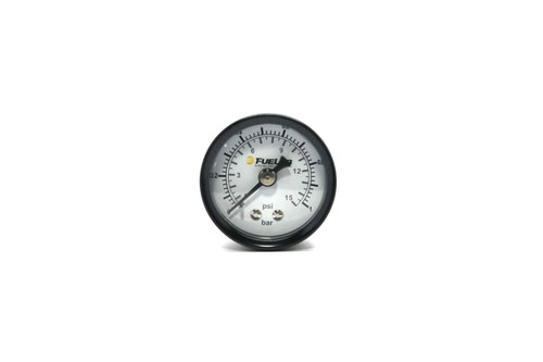 Fuelab 1.5in carb fuel pressure gauge, front view showing 0-15 PSI and bar dual scale face