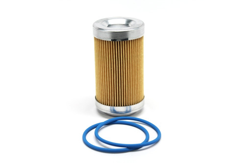 Fuelab 10 Micron paper filter element, 3in size, with two blue O-rings shown alongside, front view